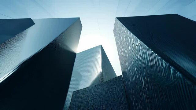 The camera slowly zooms in on the abstract city skyline, where the buildings are sharp and angular

.