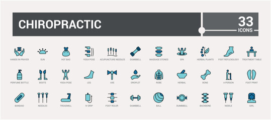 Chiropractic icon set. Colorful icons collection, line icons for web and ui. Vector illustration. Icon names are written in English.