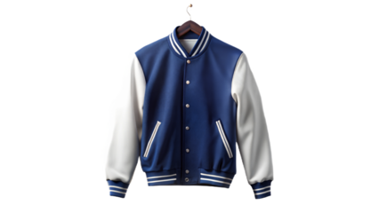 A blank varsity-style baseball jacket hung or laid flat, perfect for sportswear branding or logo placement.