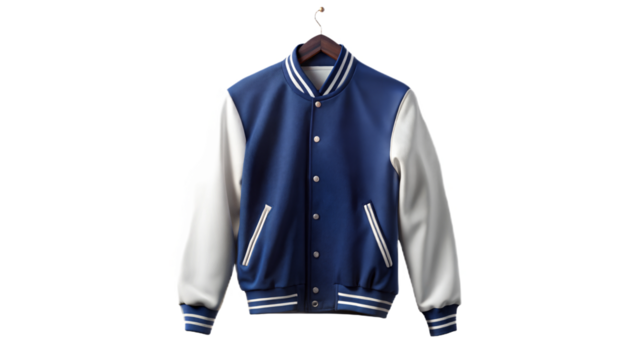 A blank varsity-style baseball jacket hung or laid flat, perfect for sportswear branding or logo placement.