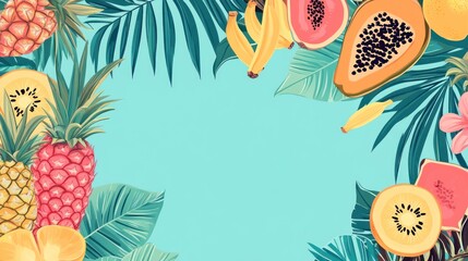 A colorful frame of tropical fruits and leaves with a blank space in the center, perfect for adding text or a logo.