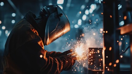 A welder in a factory setting wearing a welding mask works on a metal piece, sparks and smoke fill the air.
