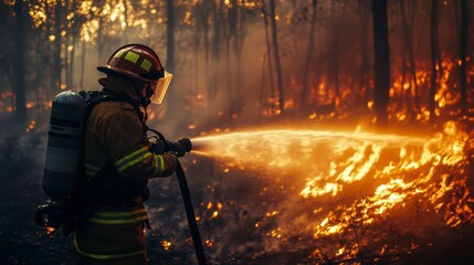 Obraz premium A firefighter fighting a natural disaster. The concept of fighting a forest fire