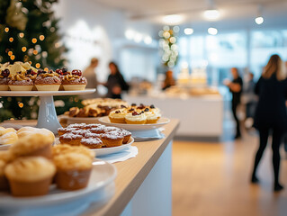 A beautifully arranged table showcases an assortment of festive pastries and cupcakes, as guests enjoy the cheerful holiday atmosphere in a decorated venue