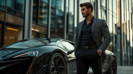 A handsome man in a suit standing next to a black sports car in a modern city setting.