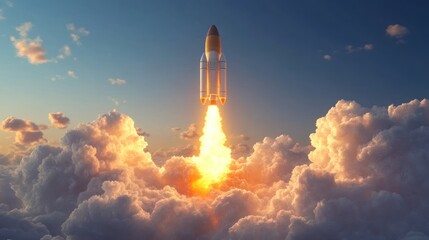 A rocket ship blasts off into the sky, leaving a trail of smoke and fire behind it.