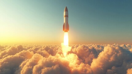 A rocket ship launches into the sky, leaving a trail of fire and smoke.