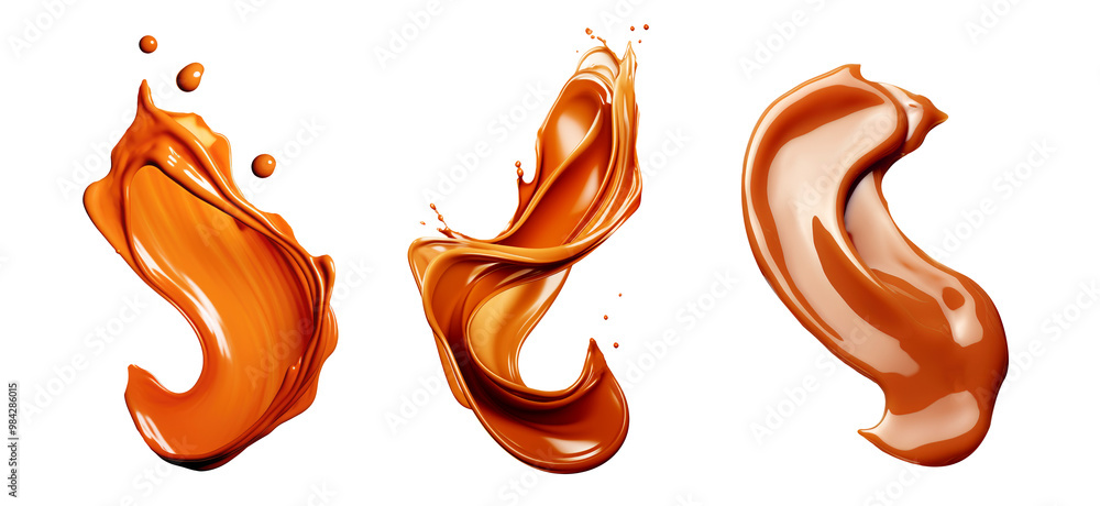 Poster three beautiful swirls of caramel splash in dynamic motion, showcasing rich and smooth textures on a