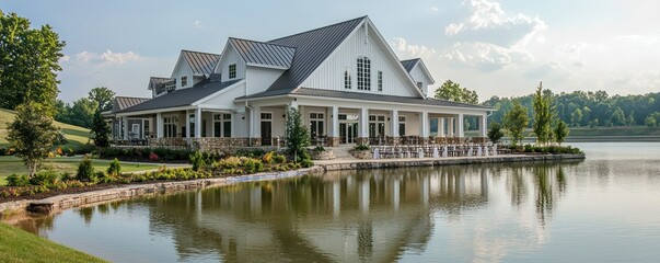 A lakeside wedding venue with elegant James Hardie siding, providing a picturesque and durable setting for ceremonies and receptions, year-round