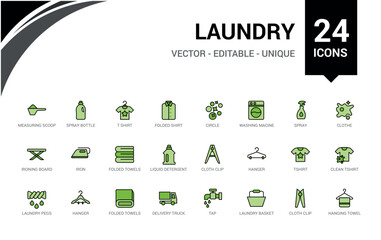 Laundry colorful icons set. Clothes instructions on labels, machine or hand washing icon pack. Color icon for web and ui. Icon names are written in English.
