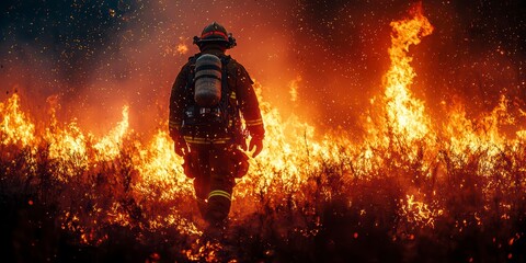 A firefighter fighting a natural disaster. The concept of fighting a forest fire