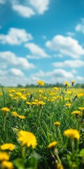 Obraz premium A field of yellow flowers with a blue sky in the background