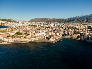 Obraz premium Aerial top view by drone of Chania city, Crete island, Greece.