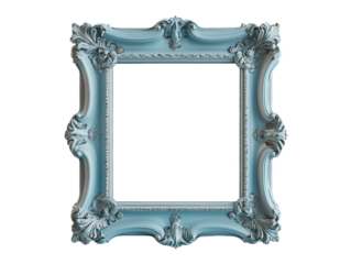 A beautifully crafted vintage picture frame in soft blue color features ornate detailing, perfect for displaying artwork or family photos in stylish interiors