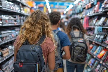 Obraz premium Students shopping for school supplies with their parents in a busy store