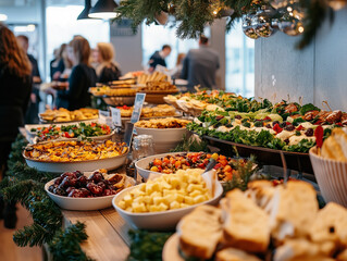 Guests enjoy a festive buffet filled with an array of delicious appetizers and entrees, all beautifully arranged on a long table in a lively event atmosphere