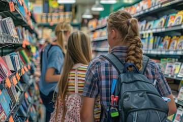 Fototapeta premium Students shopping for school supplies with their parents in a busy store