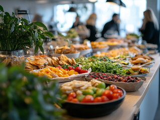 Guests enjoy a vibrant buffet filled with colorful fruits, salads, and an array of dishes in a contemporary dining area, perfect for gatherings