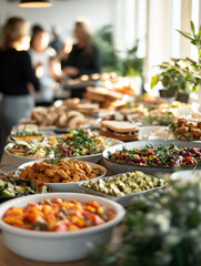 Fototapeta premium A vibrant buffet table showcases an array of colorful dishes, including salads and appetizers, while guests engage in conversation in a well-lit setting