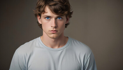 Obraz premium Caucasian male model in a close-up shot, wearing a light grey shirt against a light color background and looking directly at the camera.