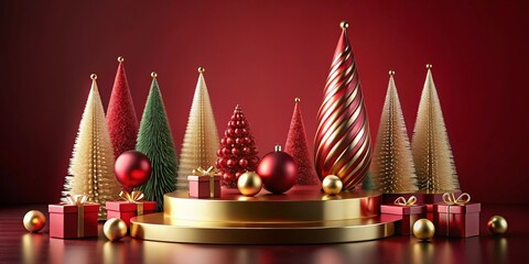 A festive arrangement of elaborately designed decorative christmas trees and beautifully wrapped gifts set against a rich red backdrop creating an elevated holiday spirit