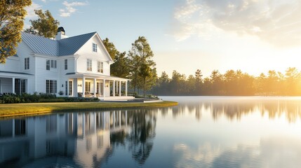 A luxurious waterfront estate with crisp white James Hardie siding, reflecting the morning sun over a tranquil lake, demonstrating the siding's ability to enhance high-end real estate