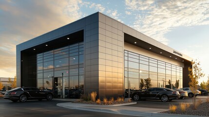 Obraz premium A luxury car dealership with glossy James Hardie siding, reflecting the sophistication and modern design of the vehicles it houses, enhancing the overall sleek and upscale ambiance