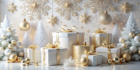 Festive christmas scene showcasing wrapped presents in white and gold The display includes beautifully decorated ornaments golden ribbons and lacy snowflakes against a soft background