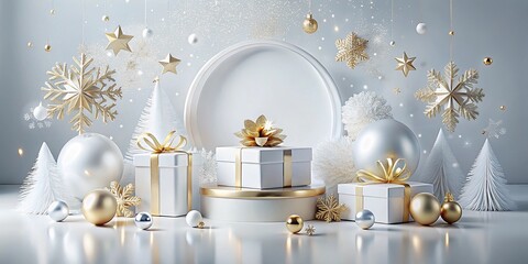 A beautiful white and gold christmas display featuring decorated gifts with bows snowflakes baubles and festive elements all set in a harmonious arrangement