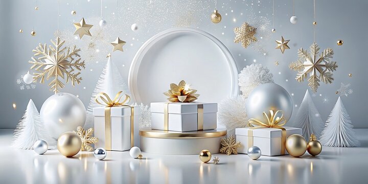A beautiful white and gold christmas display featuring decorated gifts with bows snowflakes baubles and festive elements all set in a harmonious arrangement