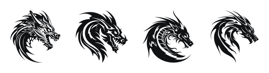 Naklejka premium Dragon head tattoos vector illustration. Set of four dragon head designs in black and white.