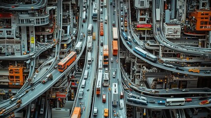 From the lofty vantage point of a truck's cabin, the bustling highway unfolds below like a tapestry woven with a multitude of vehicles. Three lanes stretch ahead, a labyrinth of metal and movement