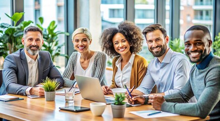 Group of diverse individuals smiling and sitting at a table in a modern office. They are in business attire and surrounded by greenery. The setting is bright and professional with large windows.