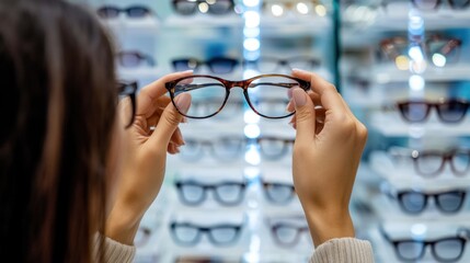 Person examining brown rectangular glasses at shop.
