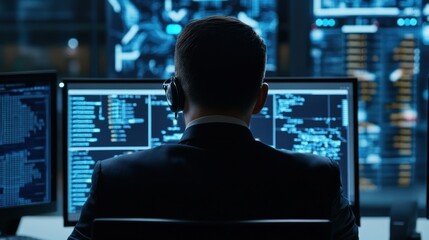 A man in a suit and headset sits in front of a bank of computer screens, working late in a dimly lit office.