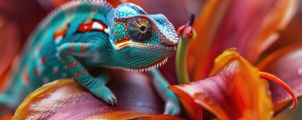 chameleon camouflaged amongst brightly patterned leaves, showcasing its intricate scales and textures.