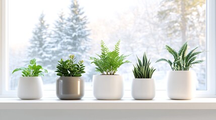 Fototapeta premium Houseplants in White Pots on Window Sill with Winter Snowy Background