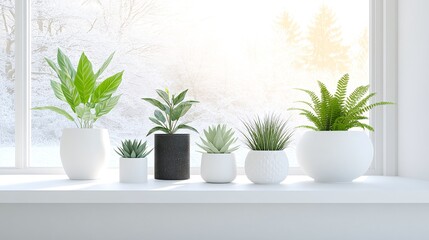 Indoor Plants on a Minimalist Window Ledge in Winter with Snowy Background