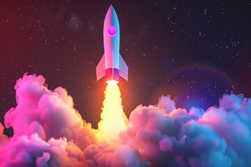 Rocket launching into a starry sky with colorful clouds and glowing exhaust flames