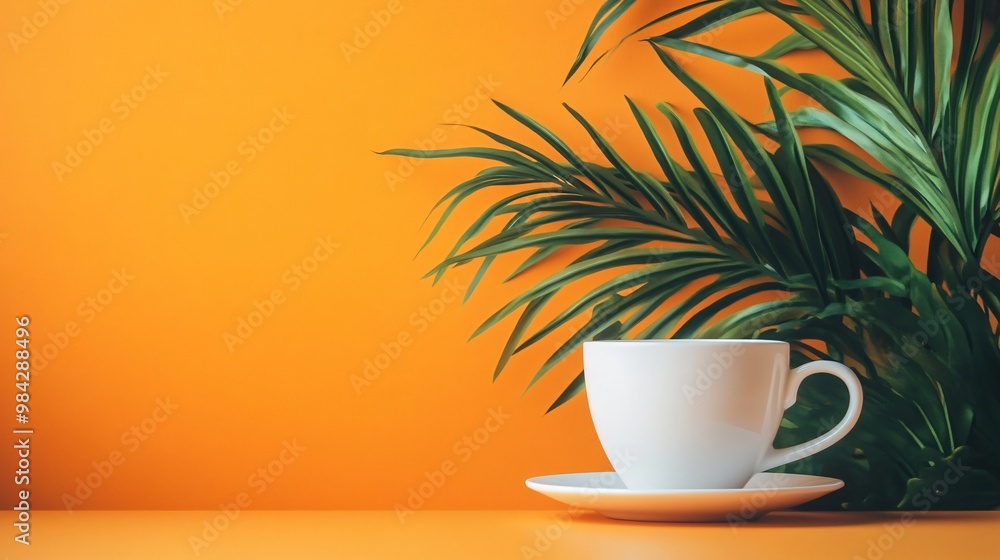 Sticker White coffee cup on a saucer with green palm leaves on an orange background.