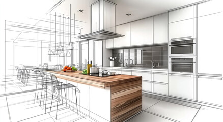 Stylish kitchen interior with modern furniture. A combination of a photo and a sketch. The dining table