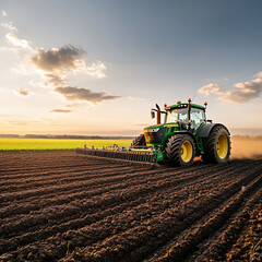 Obraz premium A new tractor moves across a field, actively working the soil. Its modern design and powerful engine efficiently till the land, showcasing advanced technology in agriculture for improved productivity.