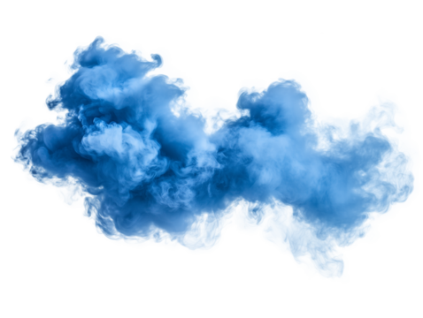 A vibrant blue cloud swirls and billows against a clean background, showcasing a dynamic interplay of color and form in an abstract display. The cloud appears soft and ethereal