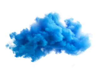 A vibrant blue smoke cloud billows and twists against transparent background, showcasing intricate formations and varying densities for a striking visual impact