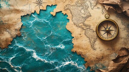 Ancient map of the world with a compass on an aged background