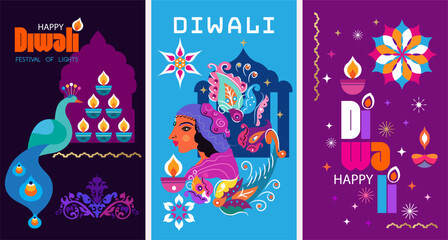 Traditional Indian festival Diwali. Happy Festival of lights Deepavali, peacock, rangoli Template  banner, poster