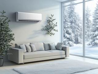 The inviting living room features a soft sofa adorned with cushions, with expansive windows showcasing a peaceful snowy outdoor scene and a decorative indoor tree