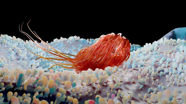 Peritrichous Bacteria with lot of flagellum, harmful bacillus with long tails, prokaryote, viruses probiotics and pathogen, H. pylori, microbe flagella, immune, salmonella or lactobacillus, 3d render	