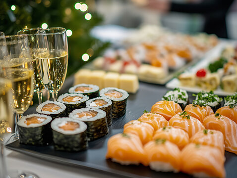 Guests enjoy a festive gathering with a beautifully arranged buffet of assorted sushi and champagne flutes, creating a delightful culinary experience