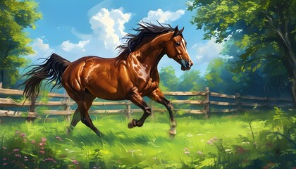 Elegant brown horse galloping through vibrant green field under clear blue sky with rustic wooden fences in the background